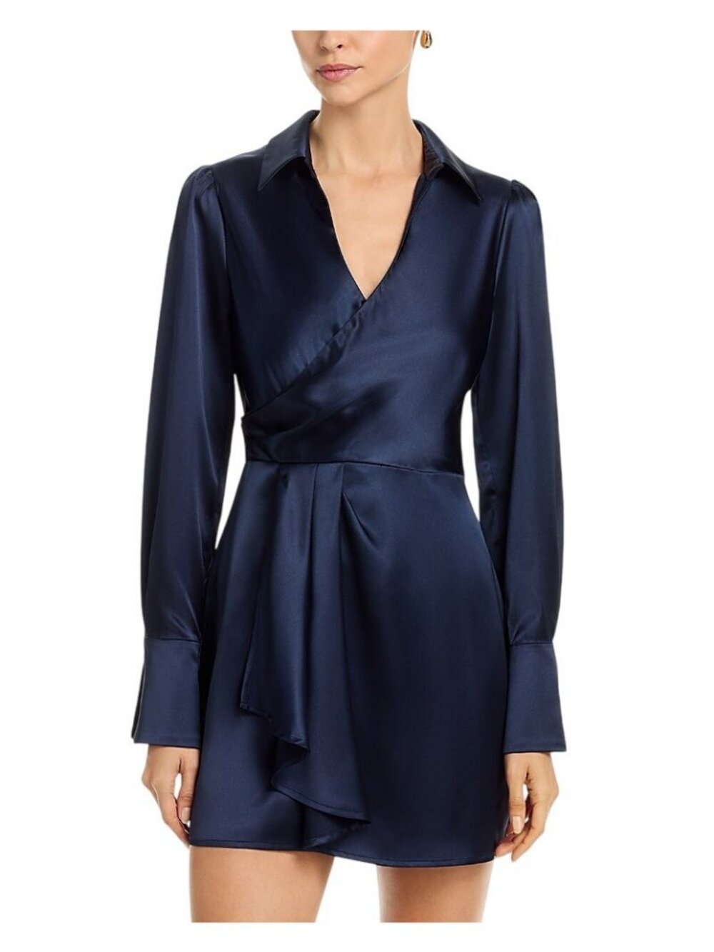 NWT Aqua Womens Long Sleeve Satin Wrap Mini Dress IDO12874 Navy Blue L